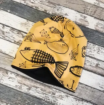 Kojenecká čepice Yháček Šmoulí čepička Yháček, oboustranná, Ryby na hořčici Velikost:: XS