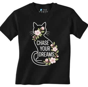 Chlapecké tričko Dětské tričko Kočka a Květy Sakury Chase Your Dreams (Velikost: 3-4, Barva: Černá)