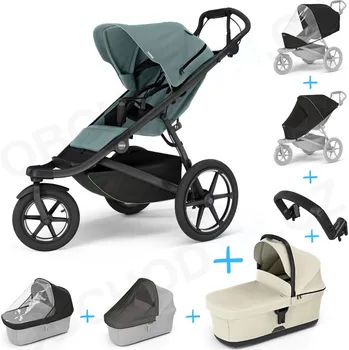 Dětské zboží Set 7v1 Thule Urban Glide 3 Mid blue + pláštěnka + ochranná síť + madlo + korbička Soft beige + pláštěnka + ochranná síť na korbičku