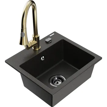 Granitový dřez MEXEN/S - Milo granitový dřez 1-miska včetně baterie Elia, černá/zlatá metalik 6505-75-670101-50-B