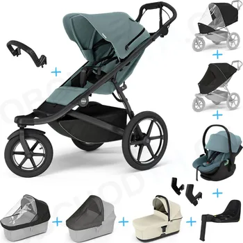Dětské zboží Set 10v1 Thule Urban Glide 3 Mid blue + madlo + korbička Soft Beige + pláštěnky a moskytiéry Thule + Autosedačka Thule Maple Mid Blue s ISOFIX základnou Thule Alfi a adaptéry