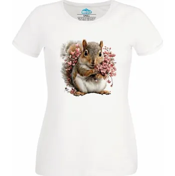 Dámské tričko Dámské tričko Roztomilá Veverka s Květinami (Velikost: M, Barva: Bílá)