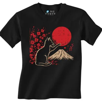 Chlapecké tričko Dětské tričko Kočka a Rudé Slunce nad Horou Fudži (Velikost: 7-8, Barva: Černá)