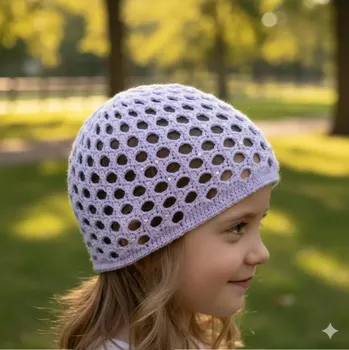 Čepice Háčkovaná dívčí čepice s kamínky Ander Michaela fialová (Jarní háčkovaná čepice pro holky)