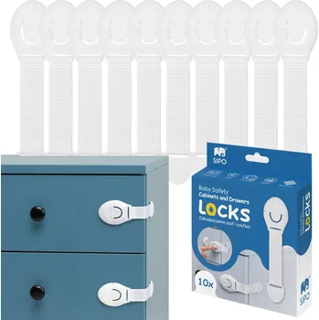 Dětský bezpečnostní prvek SIPO Bezpečnostní zámek (pásek) na skříňky a zásvuky, sada 10 ks textilní-bílá