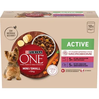10ks-10x85g Purina ONE Mini Active hovězí a kachna vlhké krmivo pro psy