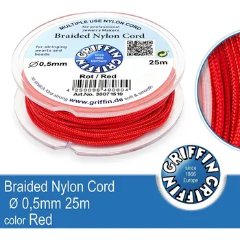 Nit Braided NYLON (splétaná nit na náramky) GRIFFIN síla nitě 0,5mm cívka 25m. Barva Red