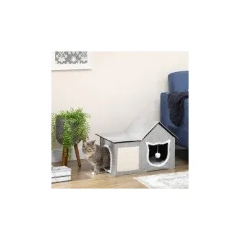 Pelíšek pro kočku Plyšová kočičí jeskyně s polštářkem a škrabadlem, 65 x 41 x 45,5 cm | šedá