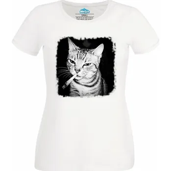 Dámské tričko Dámské tričko Gangsta Kočka s Jointem (Velikost: S, Barva: Bílá)