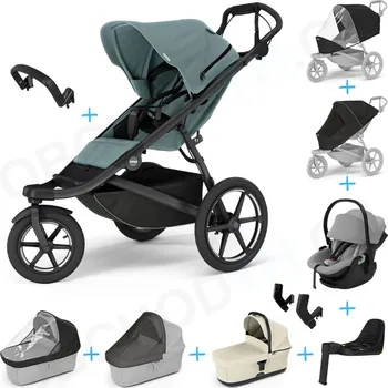 Dětské zboží Set 10v1 Thule Urban Glide 3 Mid blue + madlo + korbička Soft Beige + pláštěnky a moskytiéry Thule + Autosedačka Thule Maple Light Gray s ISOFIX základnou Thule Alfi a adaptéry