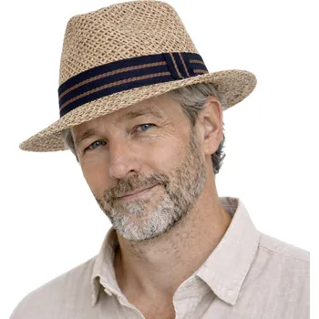 Klobouk Fiebig - Headwear since 1903 Slaměný klobouk z mořské trávy s dvoubarevnou modrou stuhou - Fedora Velikost: 57 cm (M)