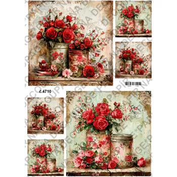 Umělecký papír Rýžový a soft papír na decoupage - Květiny s plechovkou - KB4710 Materiál: Soft, Rozměr: A4