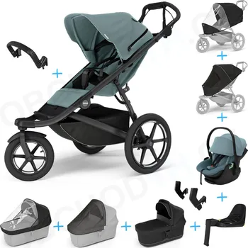 Dětské zboží Set 10v1 Thule Urban Glide 3 Mid blue + madlo + korbička Black + pláštěnky a moskytiéry Thule + Autosedačka Thule Maple Mid Blue s ISOFIX základnou Thule Alfi a adaptéry