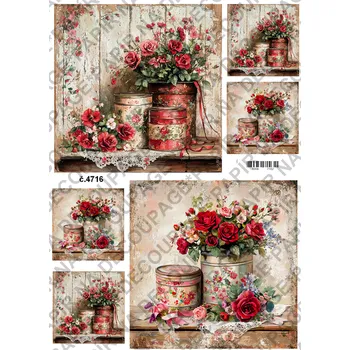 Umělecký papír Rýžový a soft papír na decoupage - Květiny s plechovkou - KB4716 Materiál: Soft, Rozměr: A4