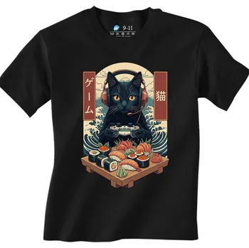 Chlapecké tričko Dětské tričko Kočičí Gamer na Sushi (Velikost: 5-6, Barva: Černá)