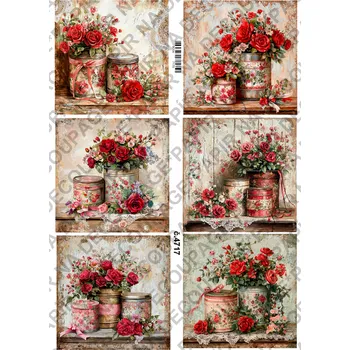 Umělecký papír Rýžový a soft papír na decoupage - Květiny s plechovkou - KB4717 Materiál: Soft, Rozměr: A4