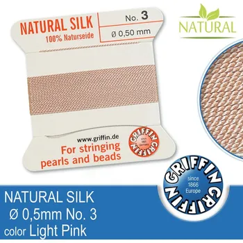 Nit Hedvábná nit s jehlou GRIFFIN síla nitě 0,5mm No.3 délka 2m. Barva Light Pink