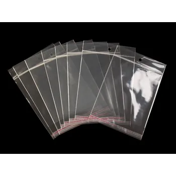 Obalový materiál PP sáček s lepicí klopou a závěsem 13x14 cm, velké, transparent