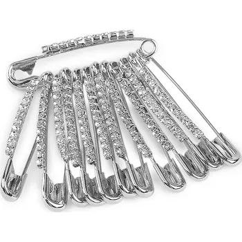 Náramek Ozdobný spínací špendlík s broušenými kamínky délka 39 mm, střední, 1 stříbrná