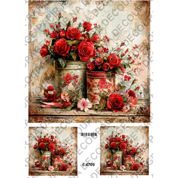 Umělecký papír Rýžový a soft papír na decoupage - Květiny s plechovkou - KB4709 Materiál: Soft, Rozměr: A4