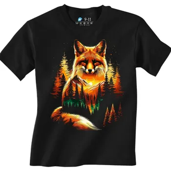 Chlapecké tričko Dětské tričko Liška v Lese při Západu Slunce (Velikost: 7-8, Barva: Černá)