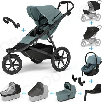 Dětské zboží Set 10v1 Thule Urban Glide 3 Mid blue + madlo + korbička Mid blue + pláštěnky a moskytiéry Thule + Autosedačka Thule Maple Mid Blue s ISOFIX základnou Thule Alfi a adaptéry