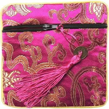 Dárková taška Brokátový sáček tmavě růžový se zipem a mincí pro štěstí 12x12 cm cca 12 x 12 cm