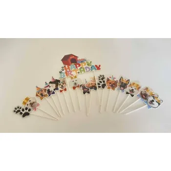 Jedlá dekorace na dort Dortisimo Zápich do dortu Happy Birthday s pejsky (9 ks)