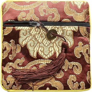 Dárková taška Brokátový sáček hnědý se zipem a mincí pro štěstí 12x12 cm cca 12 x 12 cm