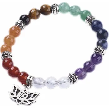 Náramek Čakrový náramek s korálky polodrahokamů a symbolem lotosu obvod cca 16 až 23 cm