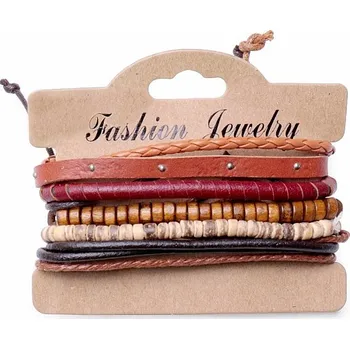 Drahý kámen Sada pěti módních náramků imitace kůže a dřevo nastavitelný obvod