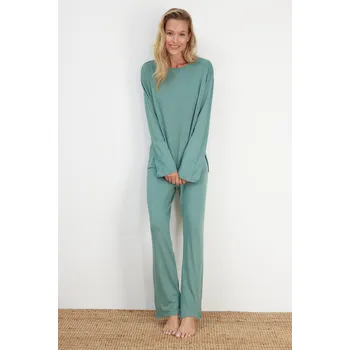 Zahradní dekorace Trendyol Mátová Bavlněná Pyžama Sada s Rozparkem a Pletenými Kalhotami Trendyol kaki 2451460