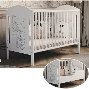 Dětská postýlka Hugo 60x120 cm s bočnicí – bílá, dřevěná, s motivem medvídků Druh matrace: pěnová matrace 60x120x6cm +599kč