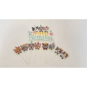 Jedlá dekorace na dort Dortisimo Zápich do dortu Happy Birthday s kočkami (9 ks)