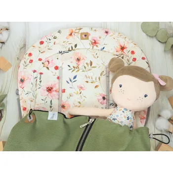 SET Podložka prodloužená (Floral, old pink fleece) + vaflová deka (olive, černý fleece)