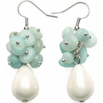 Drahý kámen Amazonit a Mother of Pearl módní náušnice délka cca 5 cm