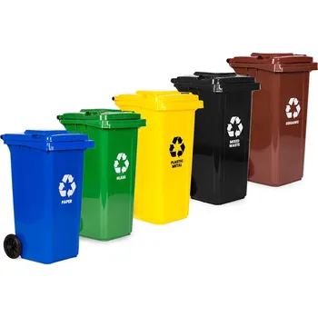 Odpadkový koš Sada 5 odpadkových košů 5x120L modrá zelená žlutá černá hnědá papír sklo plast směsný odpad BIO gumová kolečka