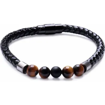 Náramek Náramek pánský kožený černý pletený s tygřím okem a achátem obvod cca 17 až 22 cm