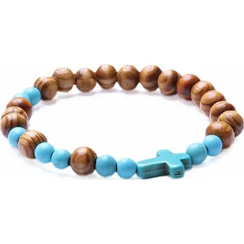 Náramek Náramek z korálků dřeva a tyrkenitu s křížkem obvod cca 16 až 21 cm