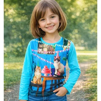 Dívčí tričko LEMON BERET kočičí oslava dlouhý rukáv modré Modrá, Velikost: 116/122 116/122