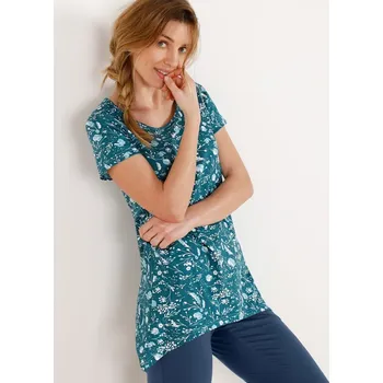 Dámská móda Asymetrické tričko s krátkými rukávy, smaragdové s květy smaragdová 34/36