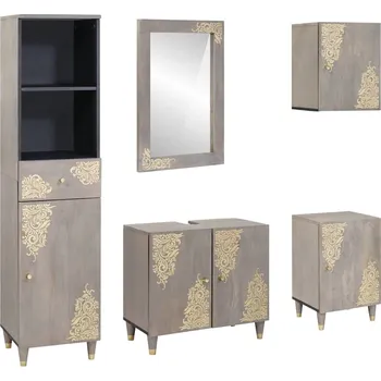 Koupelnový nábytek vidaXL Sada koupelnových skříněk 5 pcs Šedá Masivní mangové dřevo [3310156]