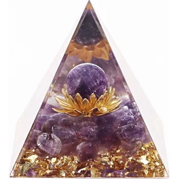 Drahý kámen Magieprirody.cz Orgonit pyramida 5x5 cm Ametyst kulička v květu zlaté barvy #OR123