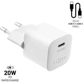 Set nabíječky FIXED Mini s USB-C výstupem a USB-C/USB-C kabelu, podpora PD, 1 metr, 20W, bílý