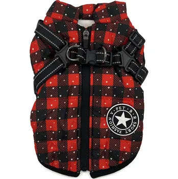 Obleček pro psa Vsepropejska Achar zimní bunda pro psa s postrojem Barva: Černo-červená, Délka zad (cm): 22, Obvod hrudníku: 34 - 36 cm