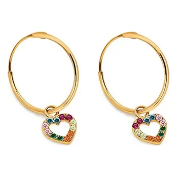 Náušnice Zlaté náušnice kroužky s přívěsky srdíček a barevnými zirkony IZ27453M + dárkové balení LUXUS zdarma