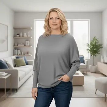 Dámský svetr Dámský šedý svetr Megy s netopýřím rukávem