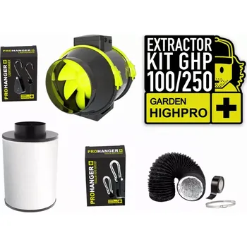 Vzduchotechnika GARDEN HIGH PRO EXTRACTOR KIT 100mm, 250m3/h (GARDEN HIGH PRO EXTRACTOR KIT 100mm – 250 m3/h Kompletní ventilační sada od značky Garden HighPro – ideální řešení pro menší pěstební prostory. Tento set nabízí spolehlivý odvod tepla, vlhkosti i pachů s)
