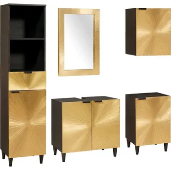 Koupelnový nábytek vidaXL Sada koupelnových skříněk se zásuvkou 5 pcs Černá a zlatá [3310027]