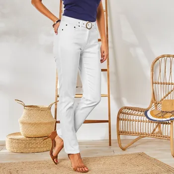 Dámské kalhoty Rovné kalhoty s páskem pro postavu 150 až 155 cm bílá 46